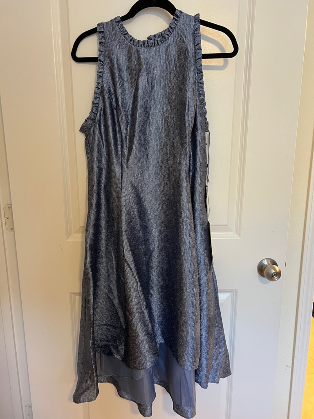 Adrianna Papell Shimmery Steel Blue High-Neck High-Low Dress - Picture 4 of 8